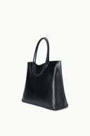 MAUDE black north-south tote bag with curved top handles, structured silhouette