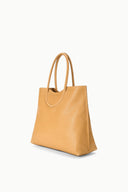 Cashew brown tote bag with two top handles, open top, angled side view