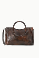 Espresso brown distressed leather satchel, oval top handle, front seam detail