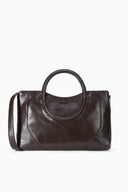Espresso snake-embossed satchel with curved top handle and front pocket detail