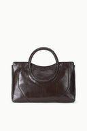 Espresso snake-embossed satchel with curved handle and structured top silhouette