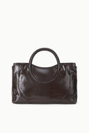 Espresso snake-embossed satchel angled view with top handle and front panel shape
