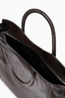 Espresso snake-embossed satchel interior view with zip closure and dual compartments