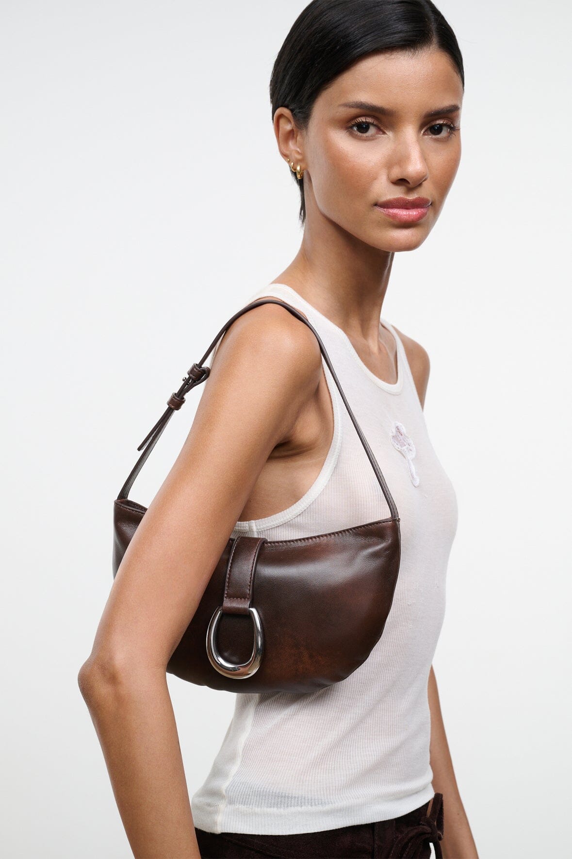 STAUD HARLOW CRESCENT SHOULDER BAG ESPRESSO DISTRESSED