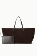 Brown suede large tote bag with two handles and matching zip pouch