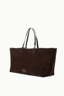 Brown suede large tote bag with two handles and front logo patch