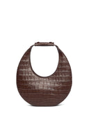 Croc-embossed dark brown moon tote with oval cutout top and short handle