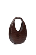 Dark brown croc-embossed tote bag with rounded half-moon shape and top handle