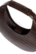 Croc tote bag close-up: dark brown strap with buckle and open oval top