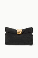 Dark mocha cuff clutch with gold-tone clasp and structured fold-over top