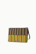 Beaded large pouch with multicolor vertical stripes and wrist strap