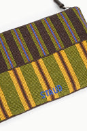 Beaded striped pouch close-up with blue beaded detail