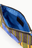 Open beaded pouch interior with blue lining, black pocket, and zipper
