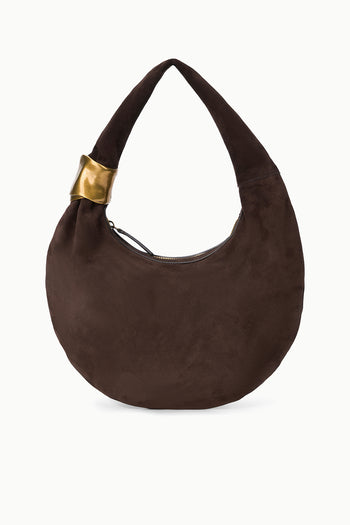 Espresso suede hobo bag with gold cuff handle and open top