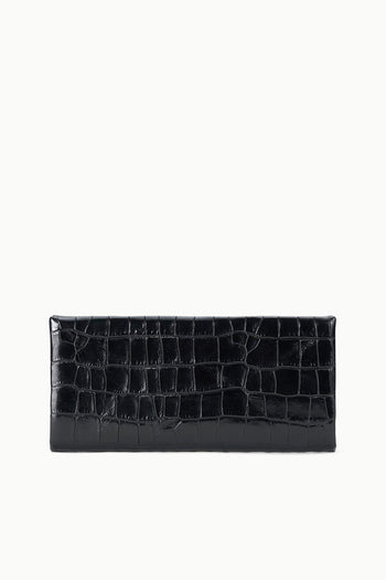 Black croc-embossed leather clutch bag with top zipper closure