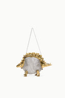 Mini dino chainmail bag with gold tone spiked trim and chain strap