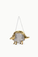 Mini dino chainmail bag with gold tone crest trim and hanging chain strap