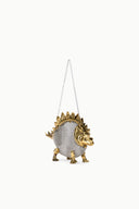 Mini dino chainmail bag side view with gold tone dino head and chain strap