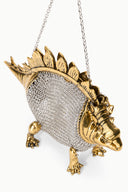 Mini dino chainmail bag close-up with gold tone dino head and chain strap