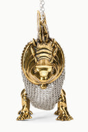 Mini dino chainmail bag back view with gold tone head detail and chain strap
