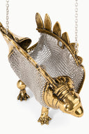 Mini dino chainmail bag angled view with gold tone dino head and long chain strap