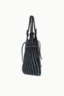 Dark knit bucket-style bag with drawstring top and braided shoulder straps