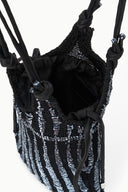 Dark knit drawstring bag open top with black lining and braided rope straps