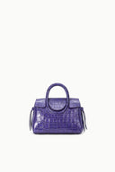 Mini carryall handbag in deep purple croc-embossed leather, side tassel cords