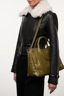 Croc-embossed olive satchel with two top handles and front seam detail