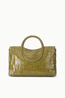Front view olive croc-effect satchel with wide top handle