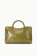 Olive croc-effect satchel with top handle and structured rectangular shape
