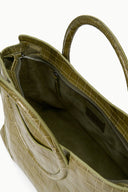 Olive croc-textured satchel interior with open zipper pocket and top handle