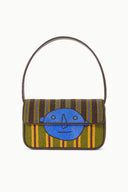 Beaded handbag with multicolor striped fabric and blue front emblem, top handle