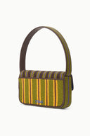 Beaded handbag with multicolor striped pattern and brown top handle, side view