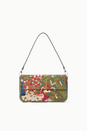 Beaded shoulder bag with black straps, rectangular flap, multicolor floral pattern.