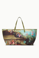Large tote bag with colorful wildlife and floral print, olive handles