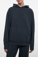 Washed black terry hoodie with hood and kangaroo pocket, long sleeves