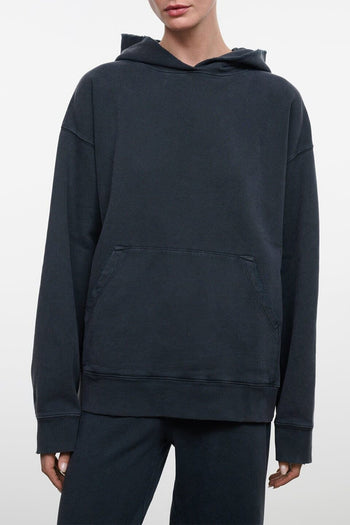 Washed black terry hoodie with hood and kangaroo pocket, long sleeves