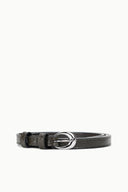 Slim snake-textured belt with dark brown strap and round silver buckle