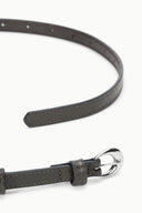 Dark brown snake-textured belt end with stitched tip and silver round buckle