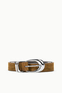 Brown suede belt with silver buckle and metal keeper, 26 mm width.