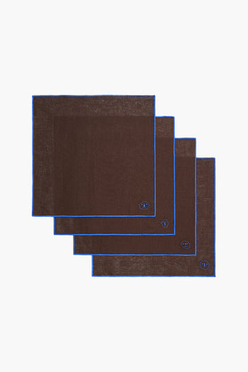 Linen napkin set, dark espresso brown with blue border and elephant embroidery