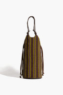 Beaded wine bottle bag with vertical multicolor stripes and two braided top handles