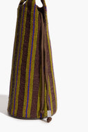 Beaded wine bottle bag with vertical multicolor stripe pattern and rope shoulder handles