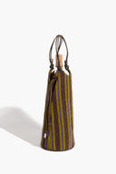 Beaded wine bottle bag with multicolor vertical stripes and braided top handles
