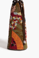 Multicolor beaded wine bottle bag close-up, braided top handles and pattern detail