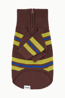 Brown knit pet sweater with full zipper and multicolor striped chest and sleeves.