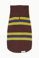 Brown knit pet sweater with ribbed collar, horizontal multicolor stripes, zip closure.