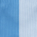Close-up of periwinkle blue ribbed knit sweater with vertical stripe panels