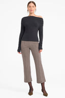 Houndstooth cropped wide-leg pants, taupe-brown, side pockets, belt loops